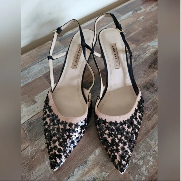 Zara Black Floral Pink Black Embellished Women's Kitten Shoes size 41 US 10 - Picture 3 of 9